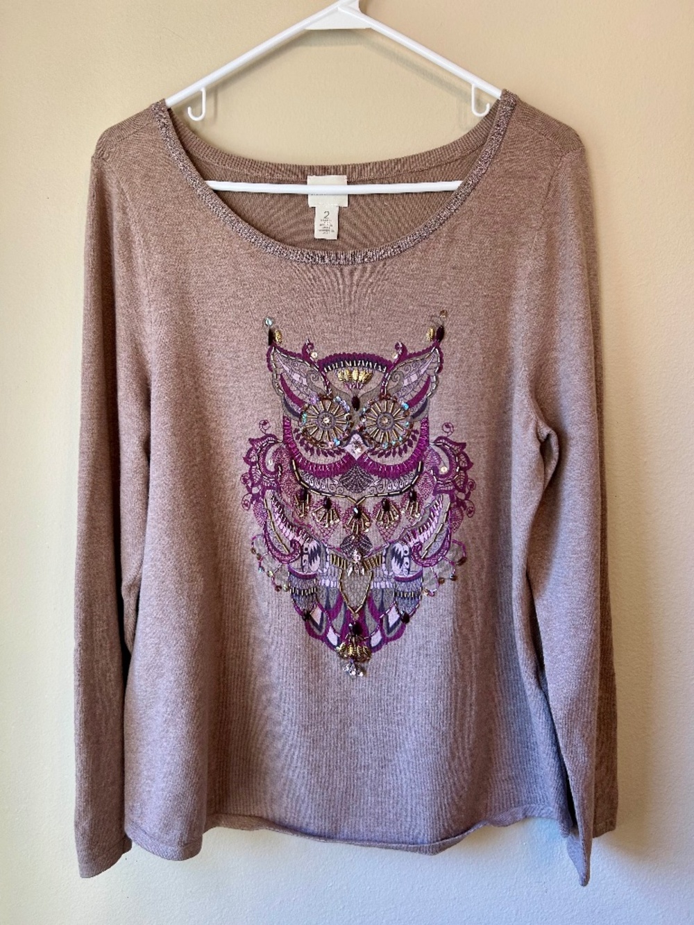 Chico's Zenergy Art to Wear Cashmere Blend Beaded Owl Sweater Boho Size 2